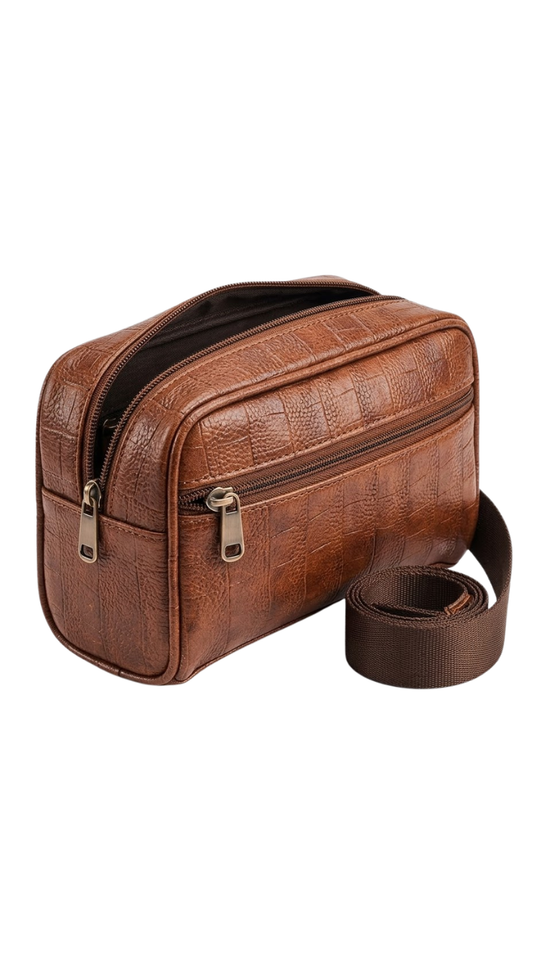 Brown Leather Toiletry Bag with Zipper Compartments